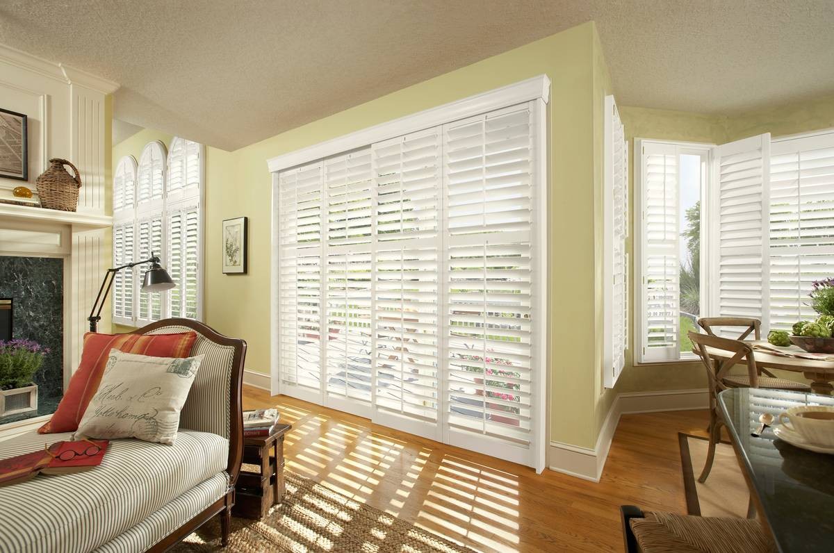 Hunter Douglas shutters in a modern farmhouse living room near Fairfax, VA