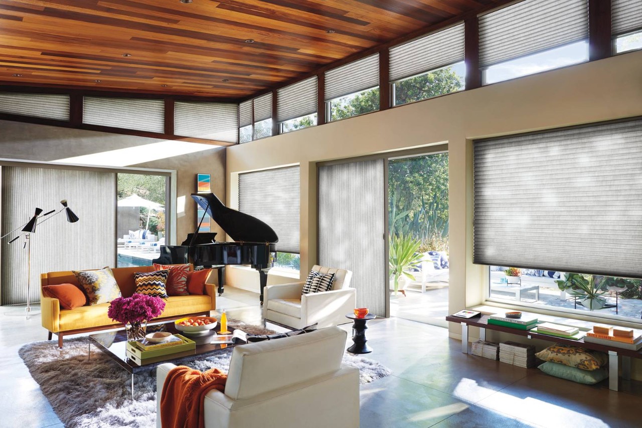  Hunter Douglas Duette® Cellular Shades covering many large windows in a home great room at Window Decor of Fairfax near Fairfax, VA