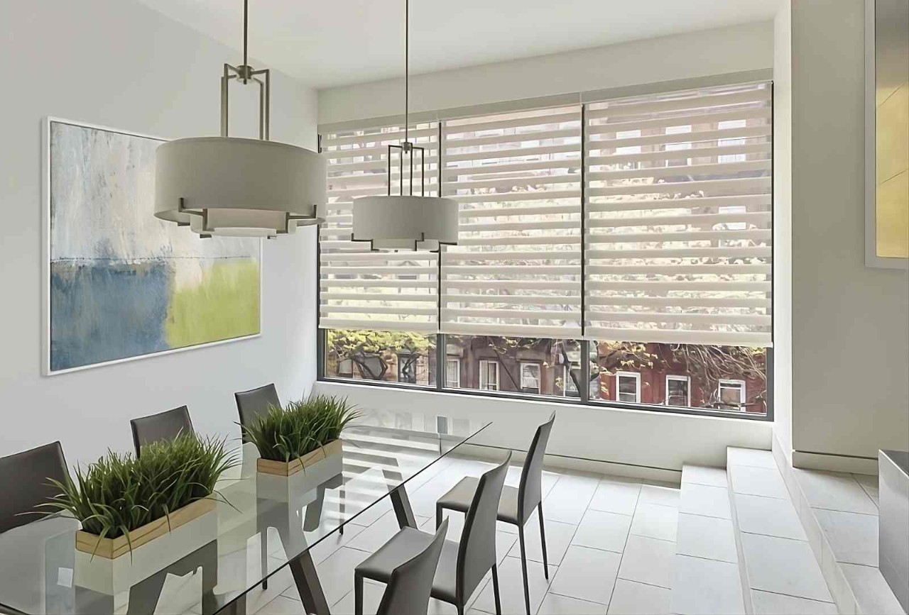 Hunter Douglas Designer Banded Shades, also known as zebra shades, on expansive dining room windows at Window Decor of Fairfax near Fairfax, VA