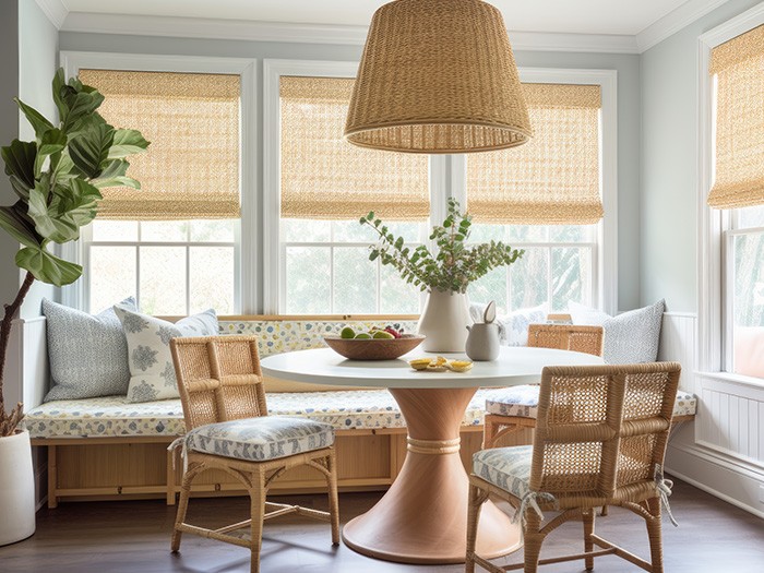 Round table breakfast nook table with pastel colors and a bench with seating near three windows 